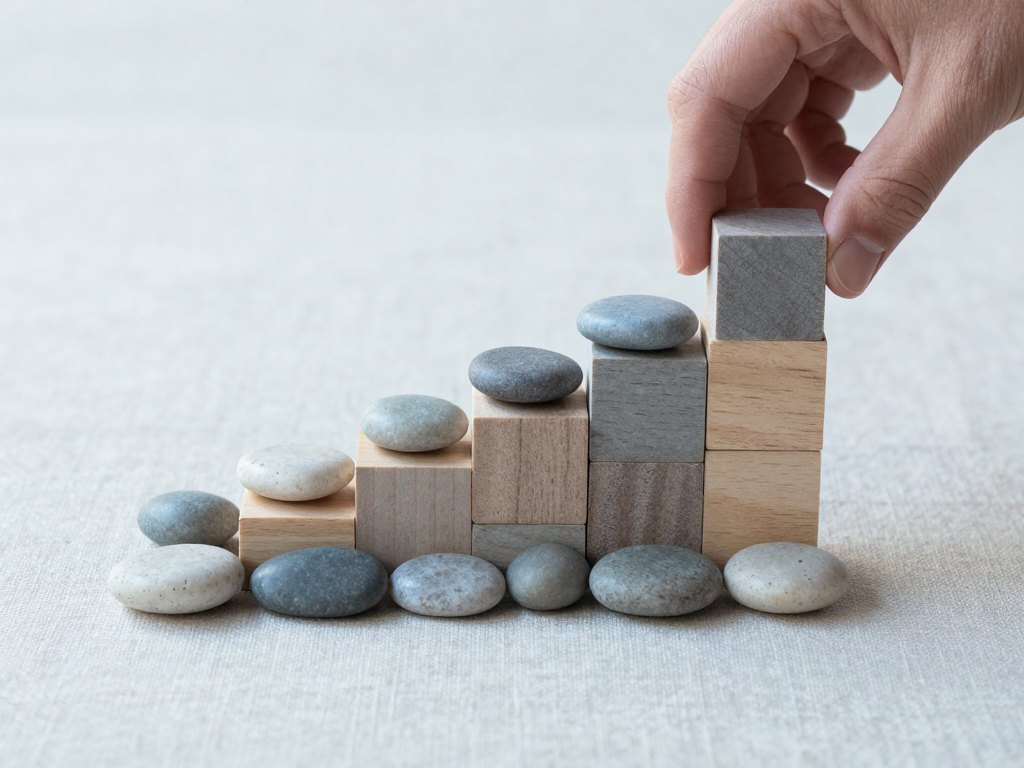 A hand placing the final stone on a stepped arrangement of blocks and stones
