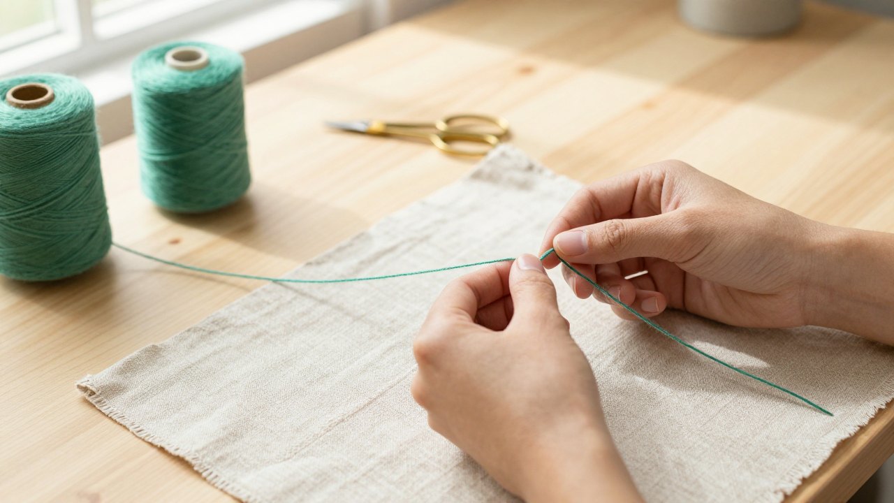 Hands sewing green thread through linen cloth on a wooden table with spools and small scissors
