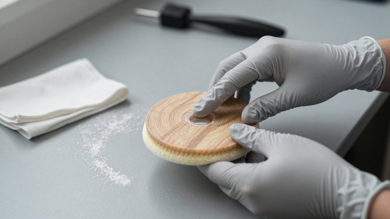 Gloved hands buffing a round resin and wood disc with a polishing pad