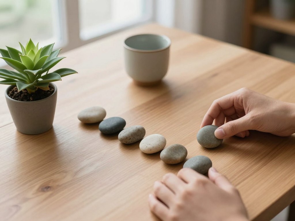 Hands arranging smooth stones into an ascending line on a wooden table beside a plant