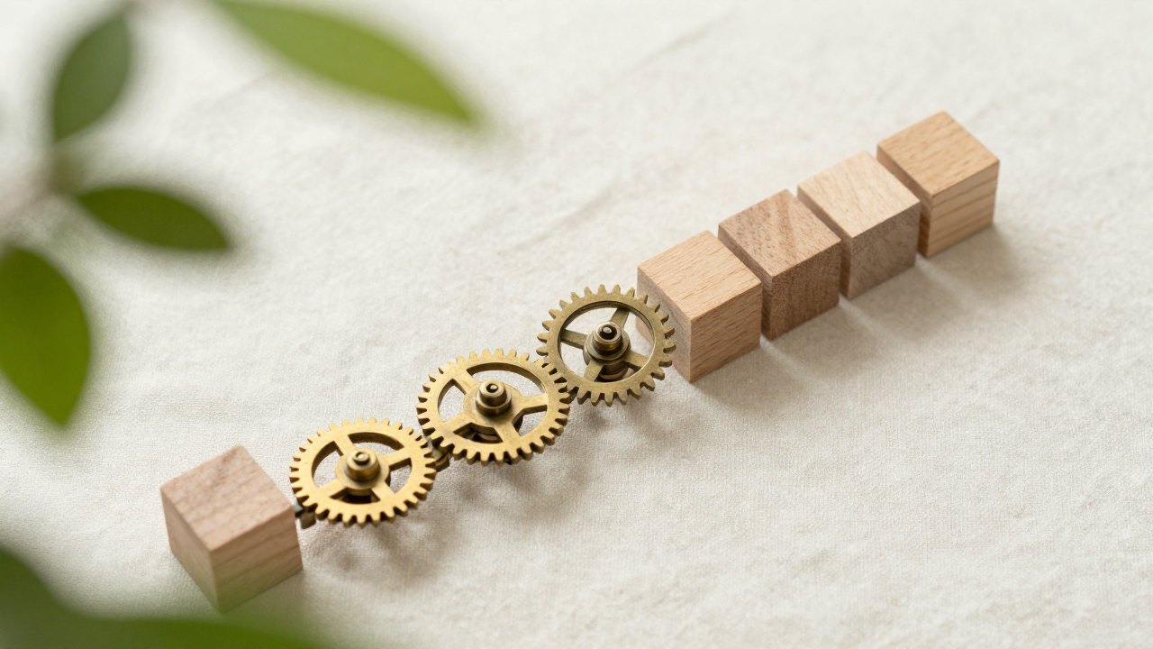 Wooden blocks and brass gears arranged in a stepped row on linen beside a plant sprig
