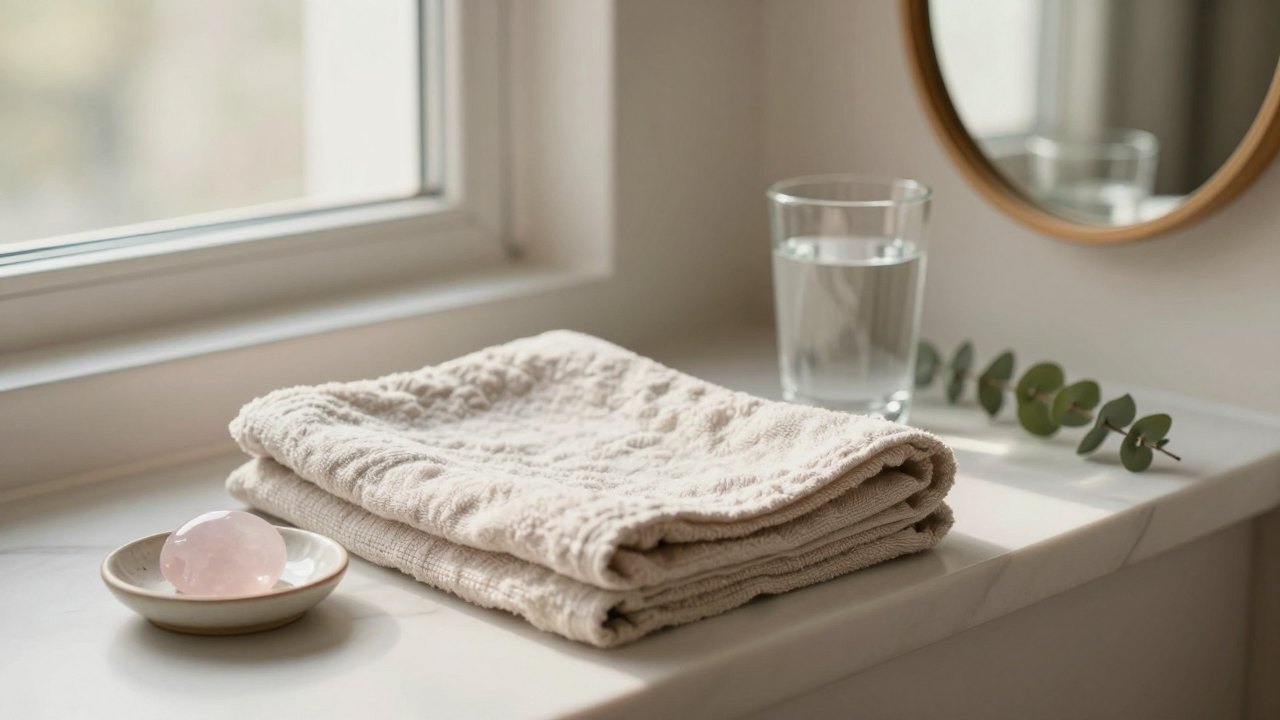Bathroom windowsill with linen towel, rose quartz stone, glass of water and eucalyptus in morning light