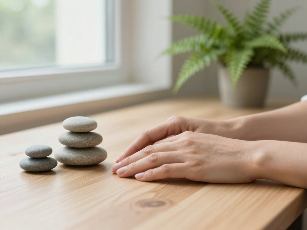Hands resting on a wooden table beside three stacked pebbles and a small fern