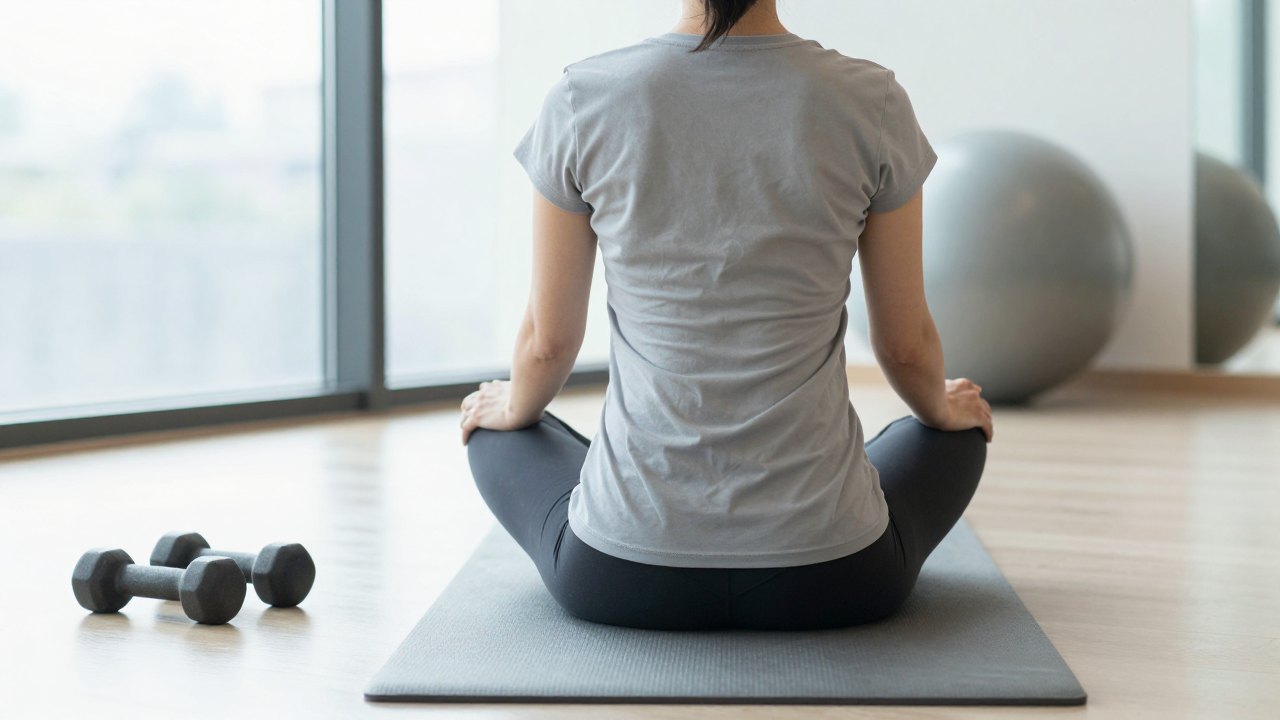 Person seen from behind sitting upright on a mat in a bright studio