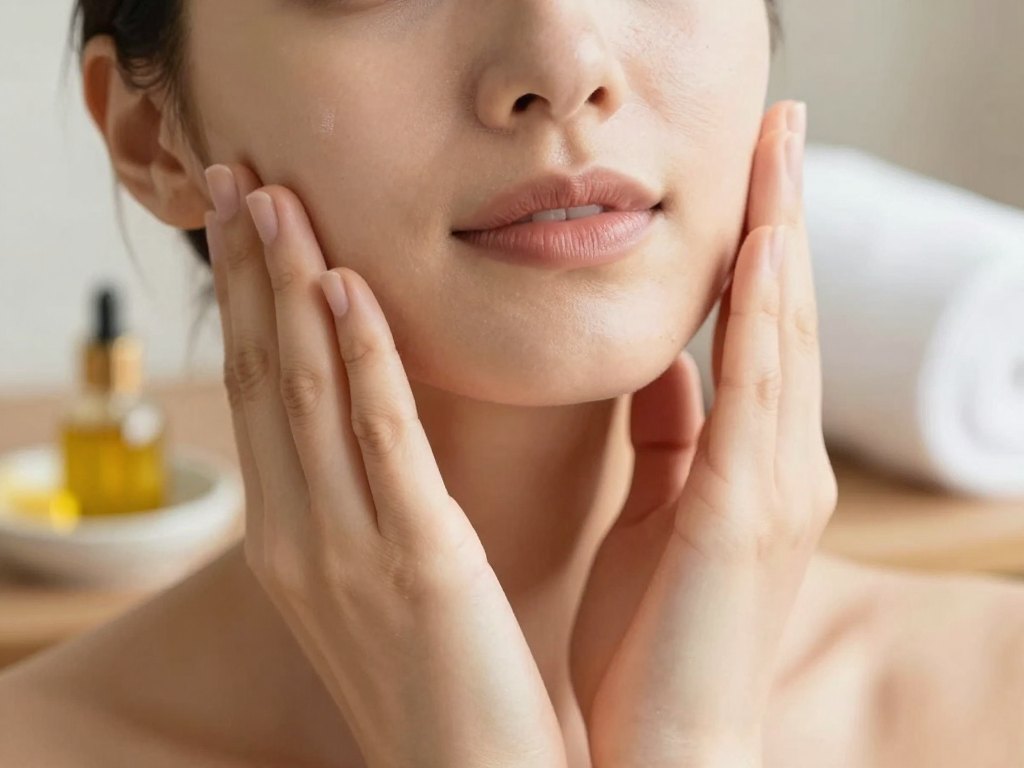 Hands resting on cheekbones in a gentle face self-massage beside a dish of oil