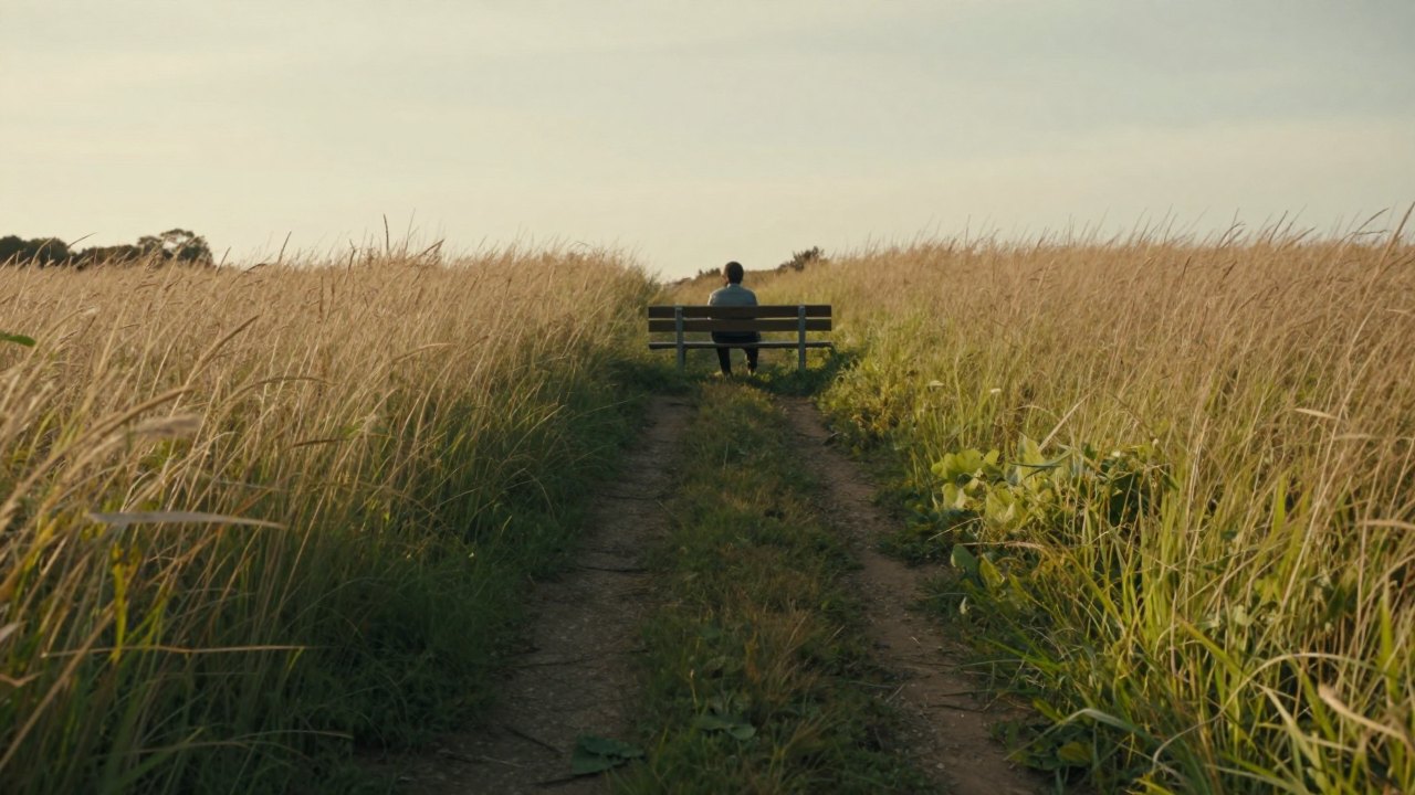 Distant person sitting on a bench in a quiet sunlit meadow at evening