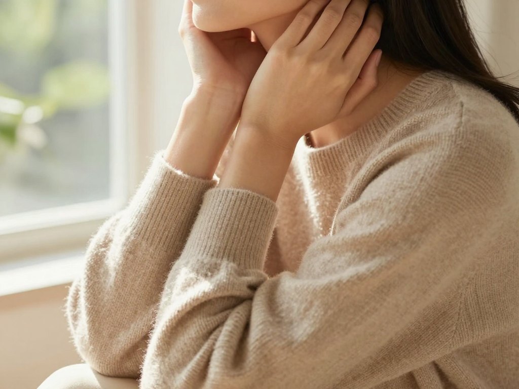 Hands resting gently on the jaw and neck beside a sunlit window