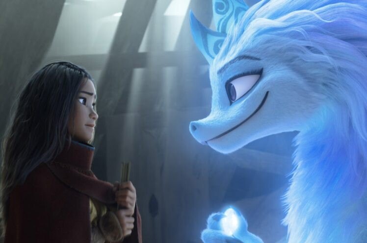 Animated girl facing a glowing blue dragon in a dim wooden interior