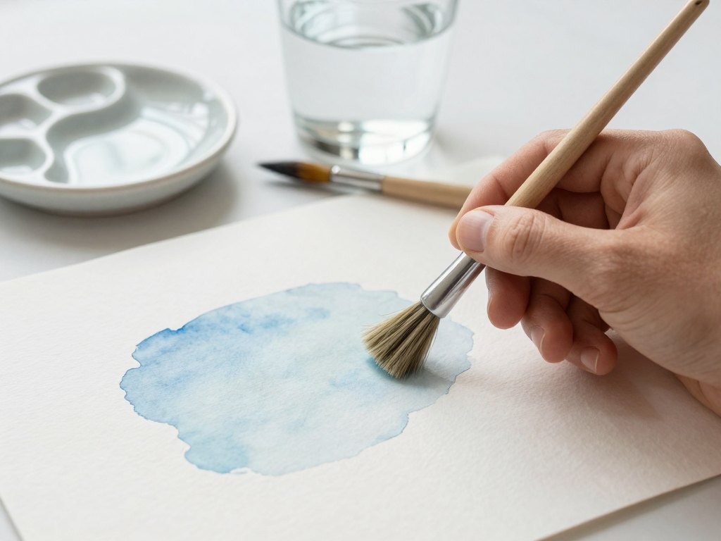 Hand applying a blue watercolour wash to textured paper beside a palette and water glass