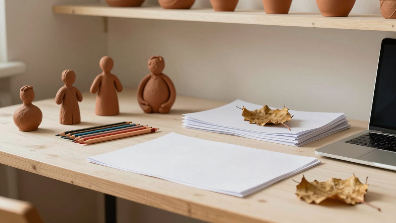 Clay figures, coloured pencils, blank paper and dried leaves arranged on a creative workshop table