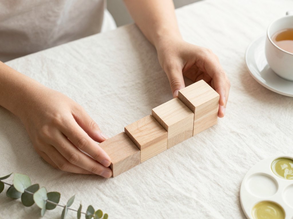Hands arranging wooden blocks into a stepped path on a linen-covered desk