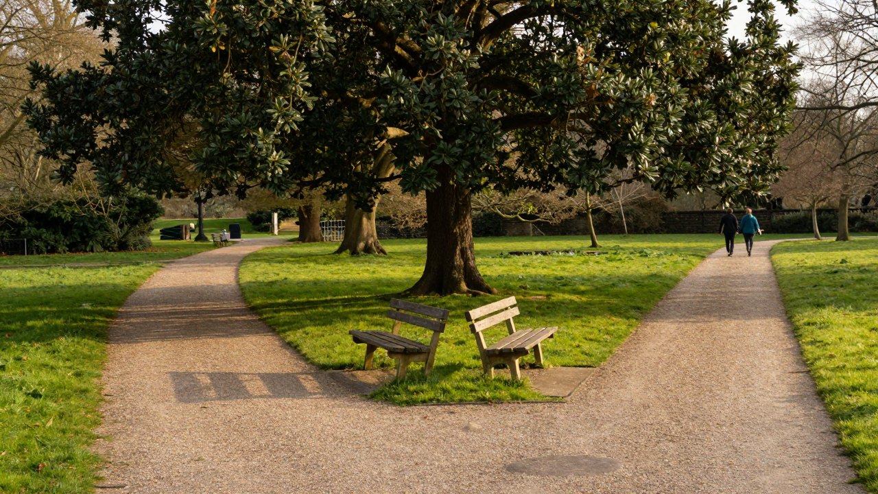Two park paths converging at a wooden bench beneath an oak tree in golden light