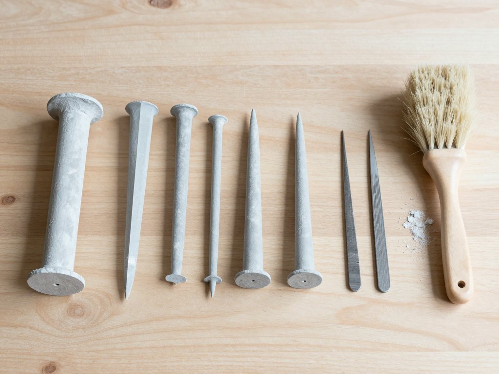 Row of nail forms in progressive stages of shaping beside files and a brush on a wooden table