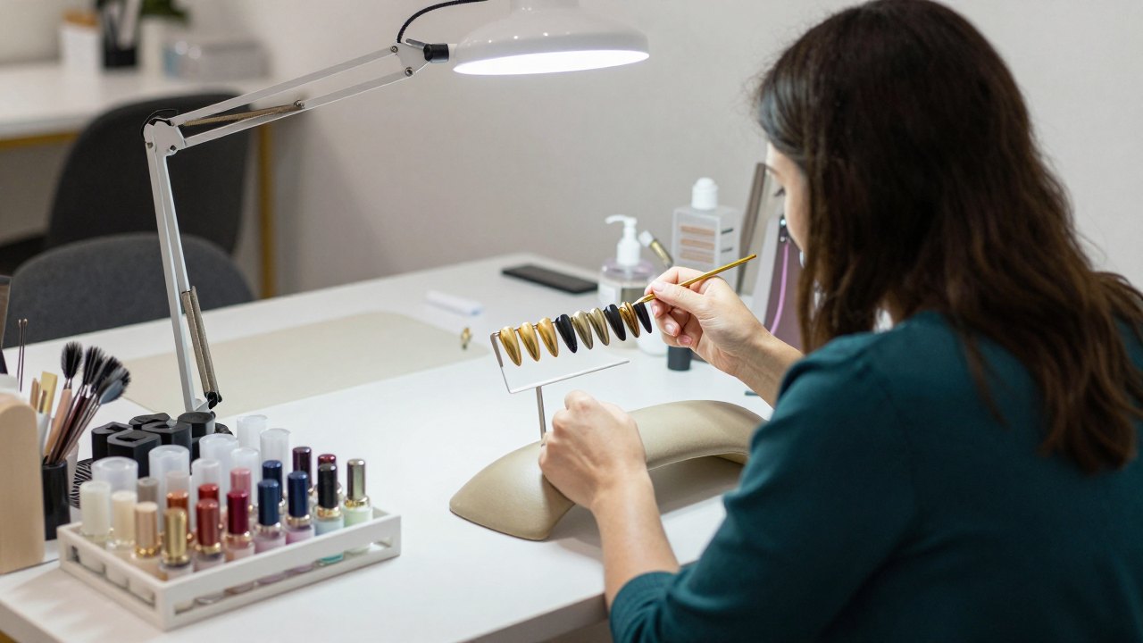Technician's desk with lamp, plain gel pots and finished long fantasy nails on a drying stand