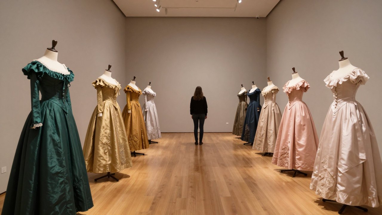 Visitor seen from behind in a gallery of historical gowns on mannequins