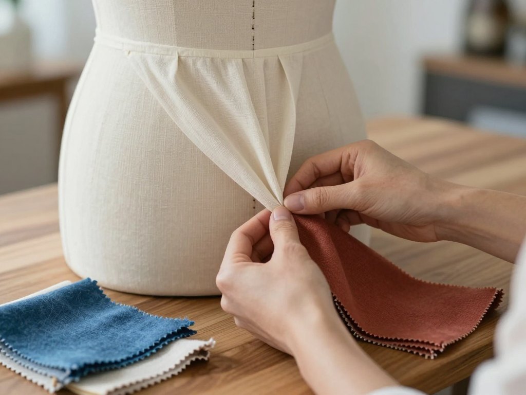 Hands pinning pleated linen onto a dress form beside colored wool swatches