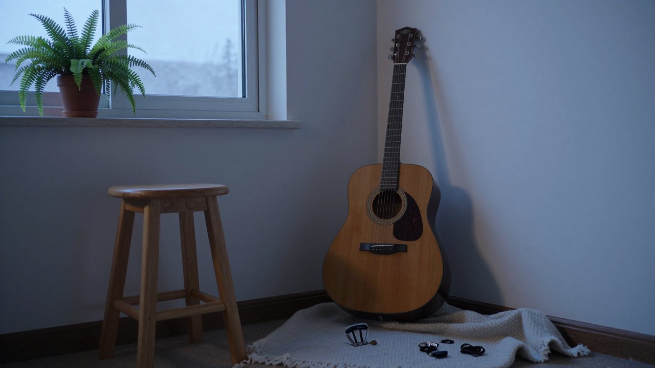 Acoustic guitar leaning beside a stool in a quiet practice corner at dusk