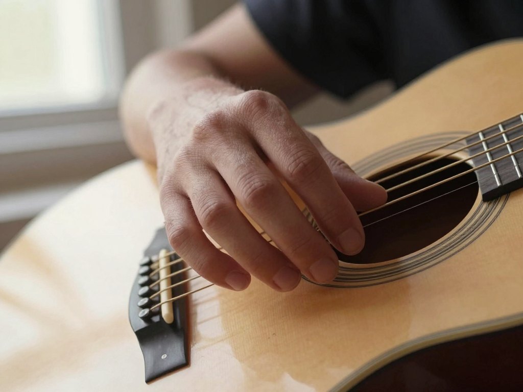 Relaxed right hand with curved fingers poised above the strings of an acoustic guitar