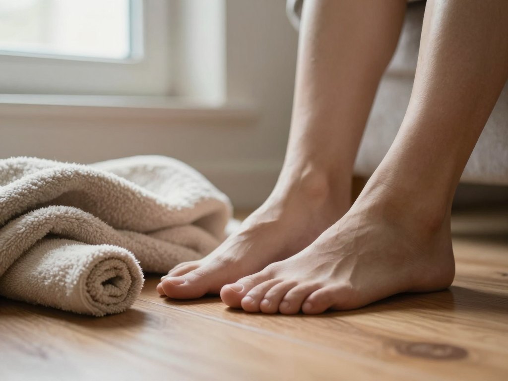 Bare feet resting on a wooden floor next to a folded blanket and rolled towel