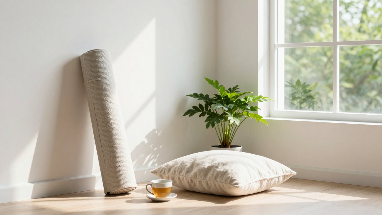 Bright home corner with a rolled mat, cushion, tea cup and houseplant by a window