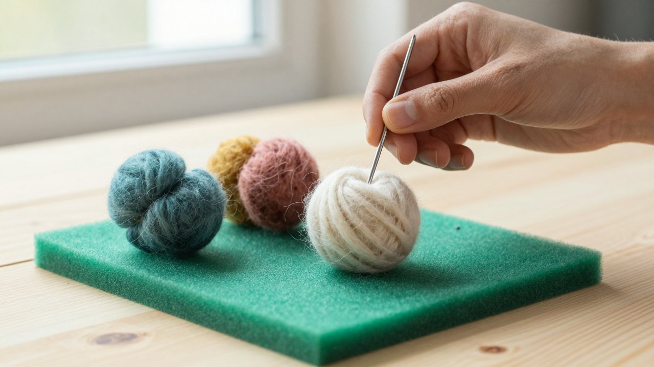 Hands needle felting a small cream wool shape on a foam pad beside colourful wool tufts