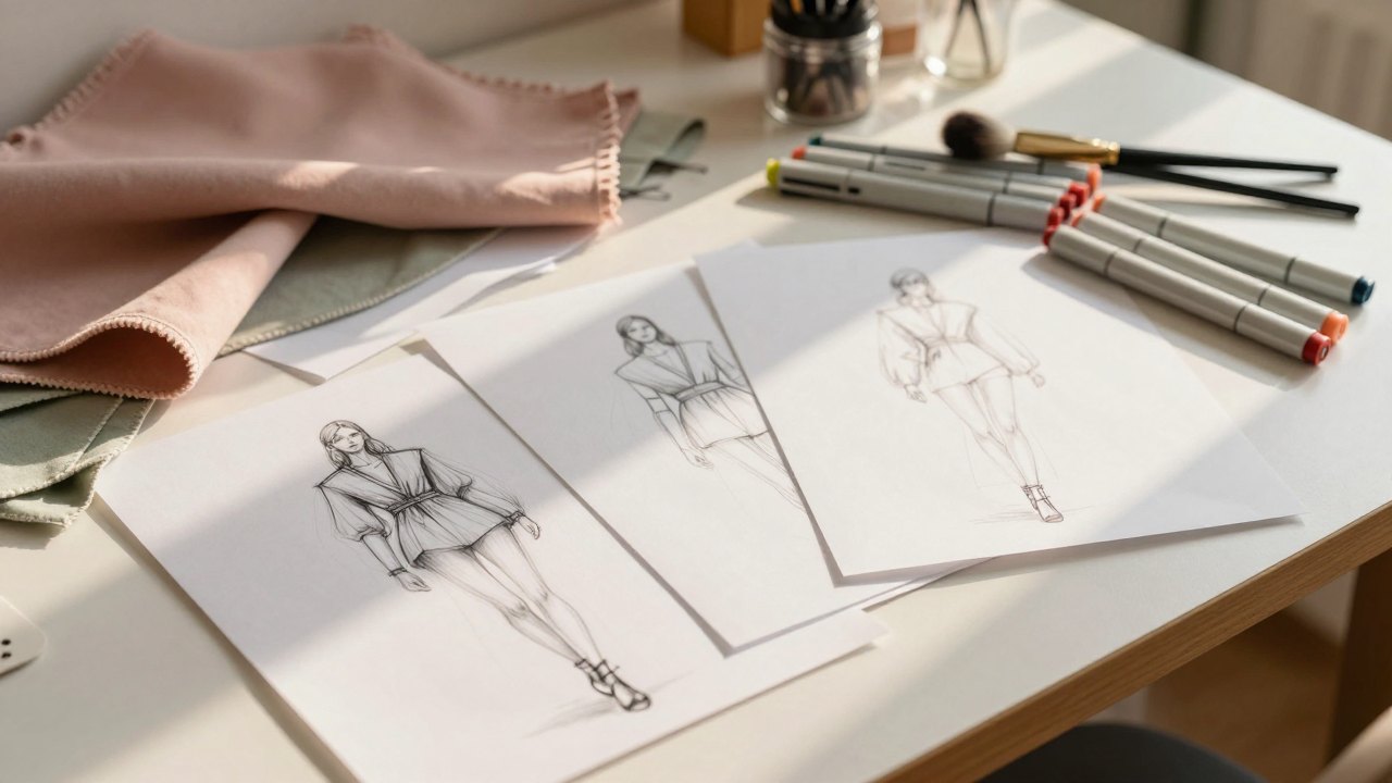 Fashion sketches, fabric swatches and markers spread on a studio table