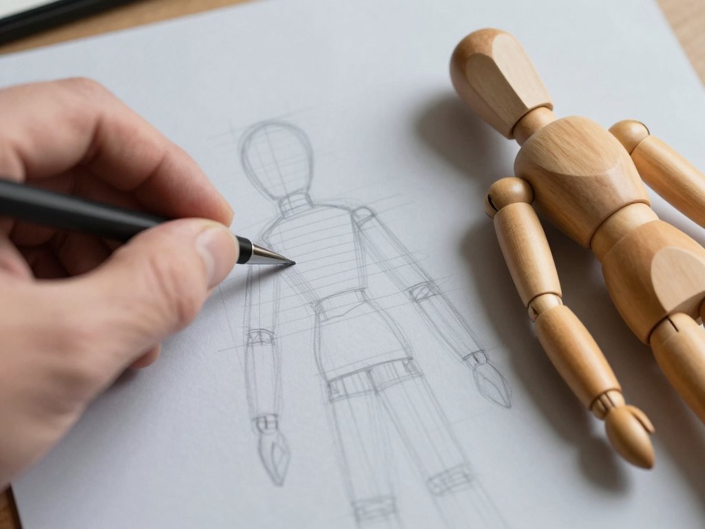 Hand sketching a light construction framework next to a wooden artist mannequin