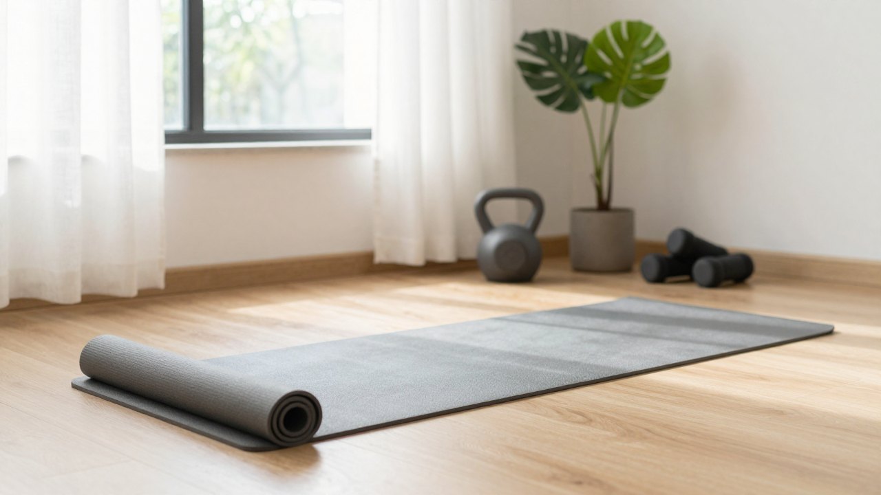 Sunlit home corner with exercise mat, kettlebell and plant beside a window