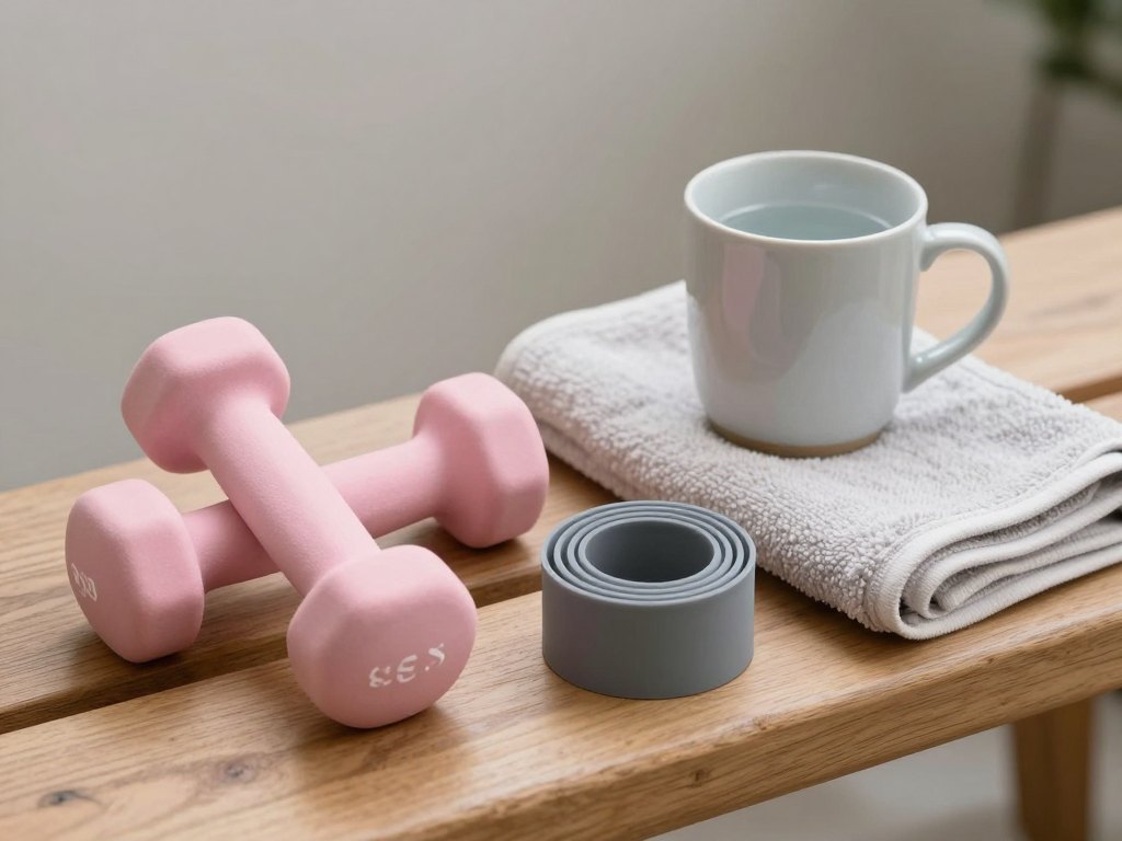 Dumbbells, resistance band, folded towel and water mug on a wooden bench