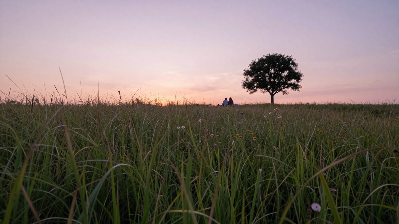 Distant person seated in a dusky meadow with tall grasses under a soft pink sky