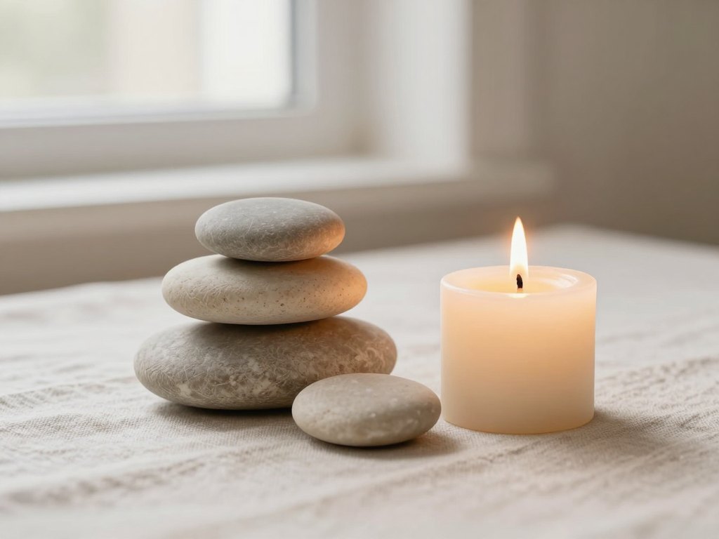 Three smooth stones and an unlit candle resting on a pale linen cloth in soft light