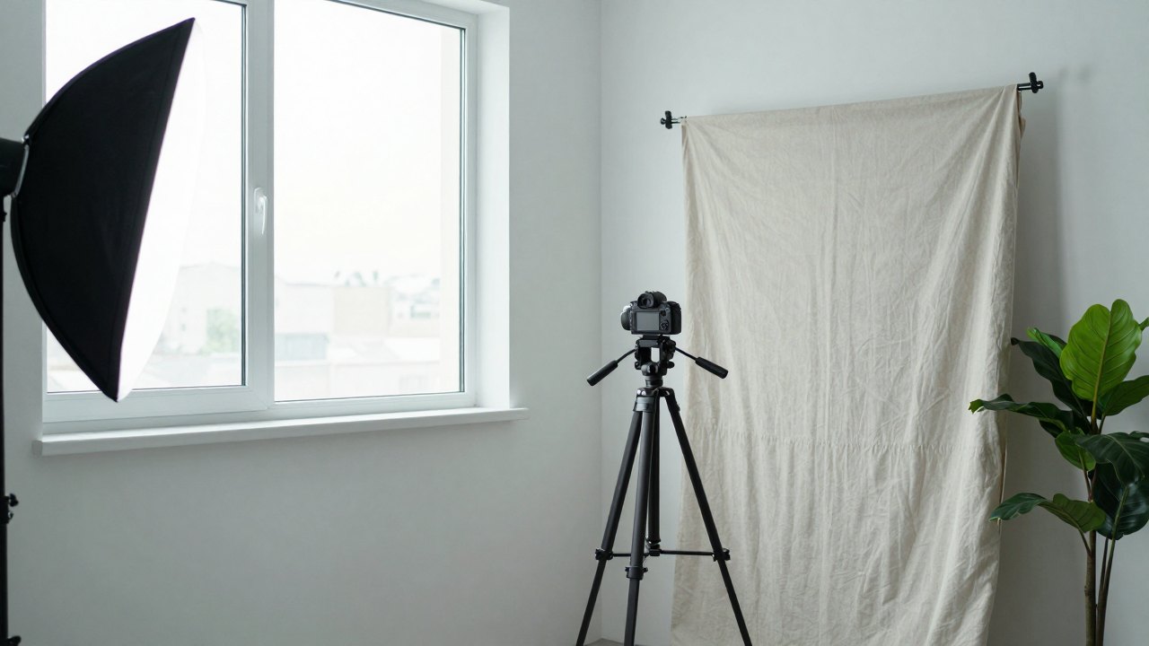 Camera on a tripod next to a softbox light and a plant in a bright studio corner