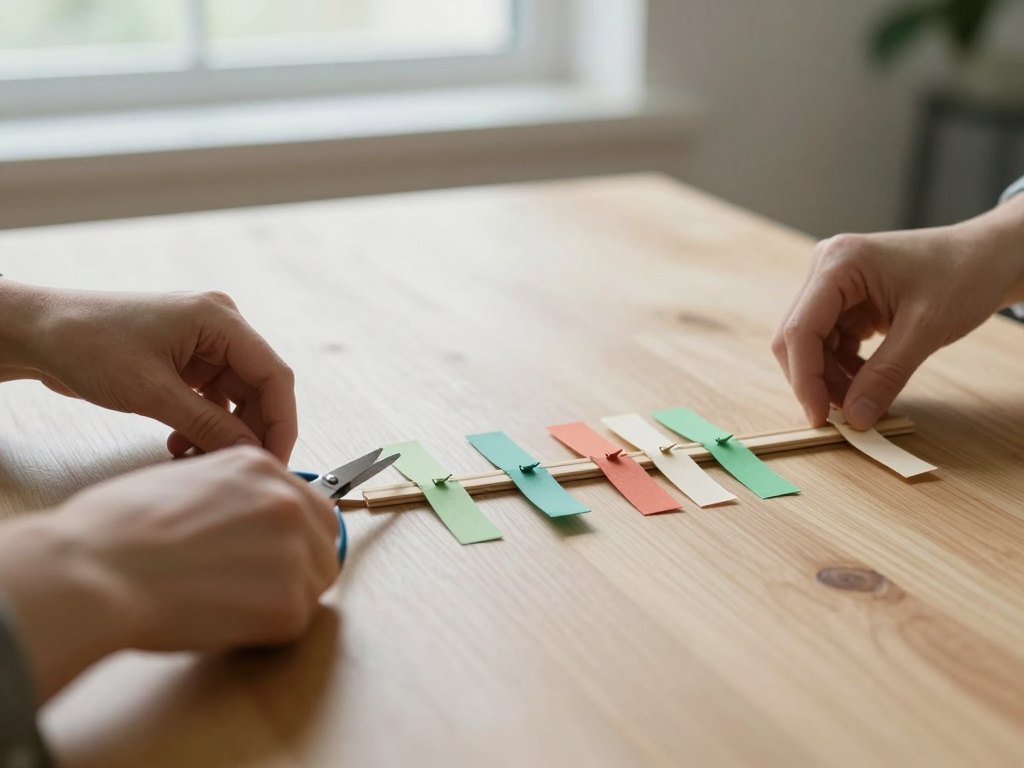 Hands trimming a strip of coloured paper among aligned strips on a wooden table