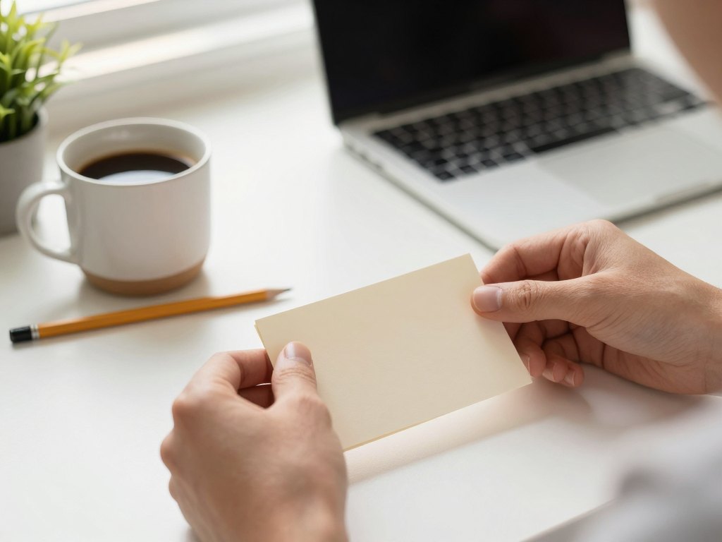 Hands arranging blank cards on a desk beside a pencil, coffee cup and plant