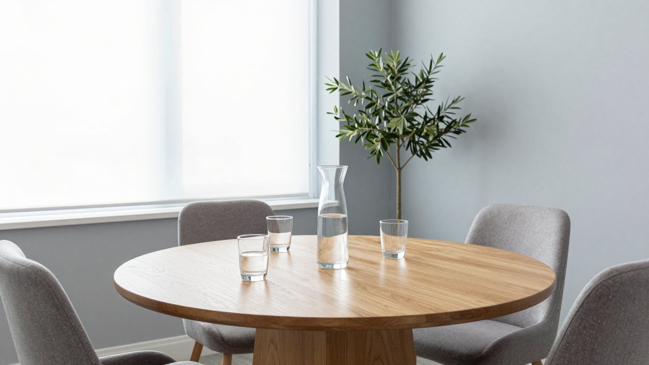 Bright consulting room with a round wooden table, two chairs and an olive tree by the window