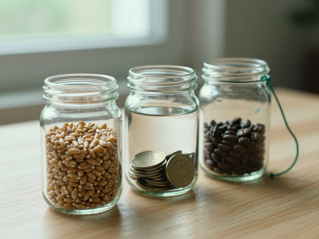Three glass jars with grain, water and coffee beans joined by a green string