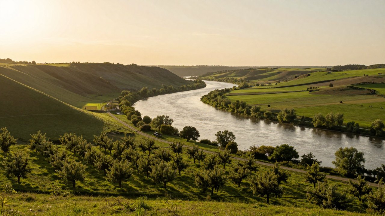 River valley with orchards and a winding path seen from a hillside at sunset