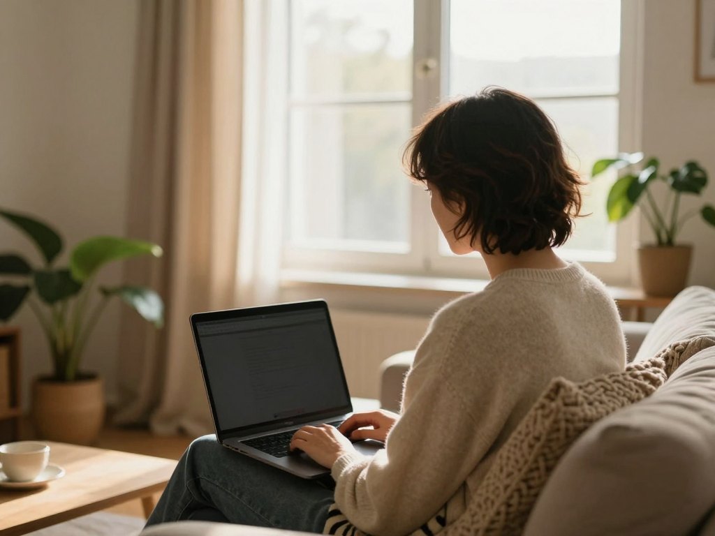 Person seen from behind on a sofa looking out a sunlit window with a laptop on their knees