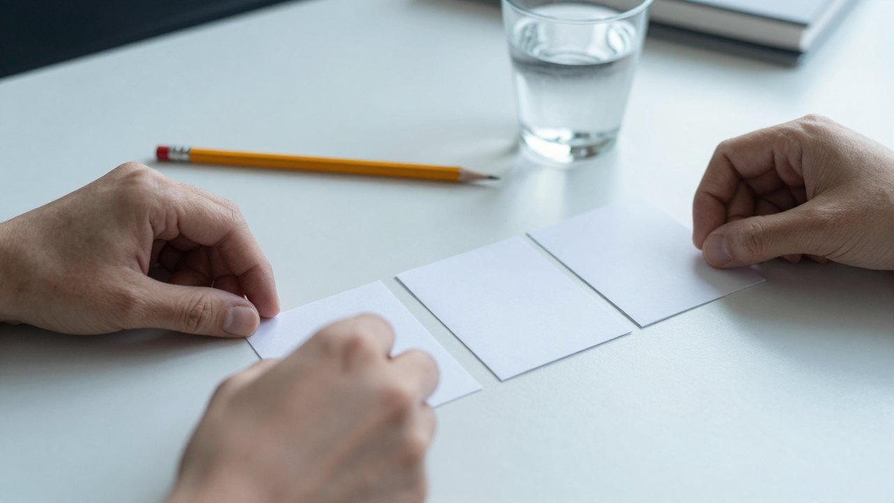 Hands arranging blank paper cards in a row on a grey table with a pencil