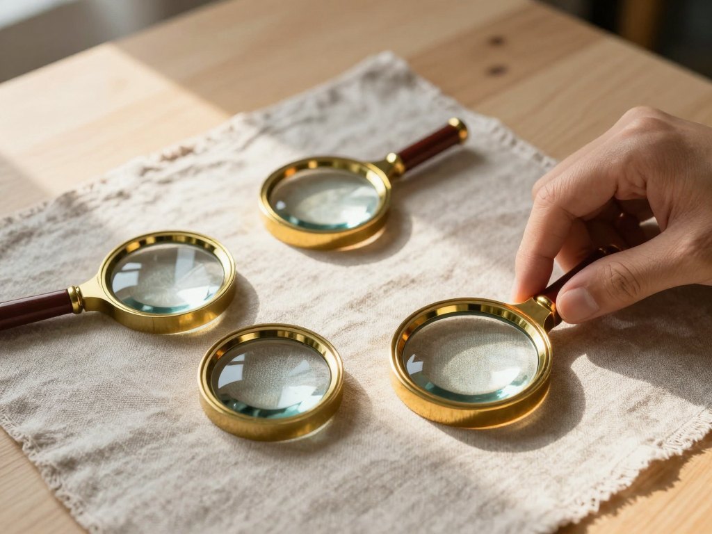 Several glass lenses on linen cloth, one being adjusted by hands, casting different patches of light