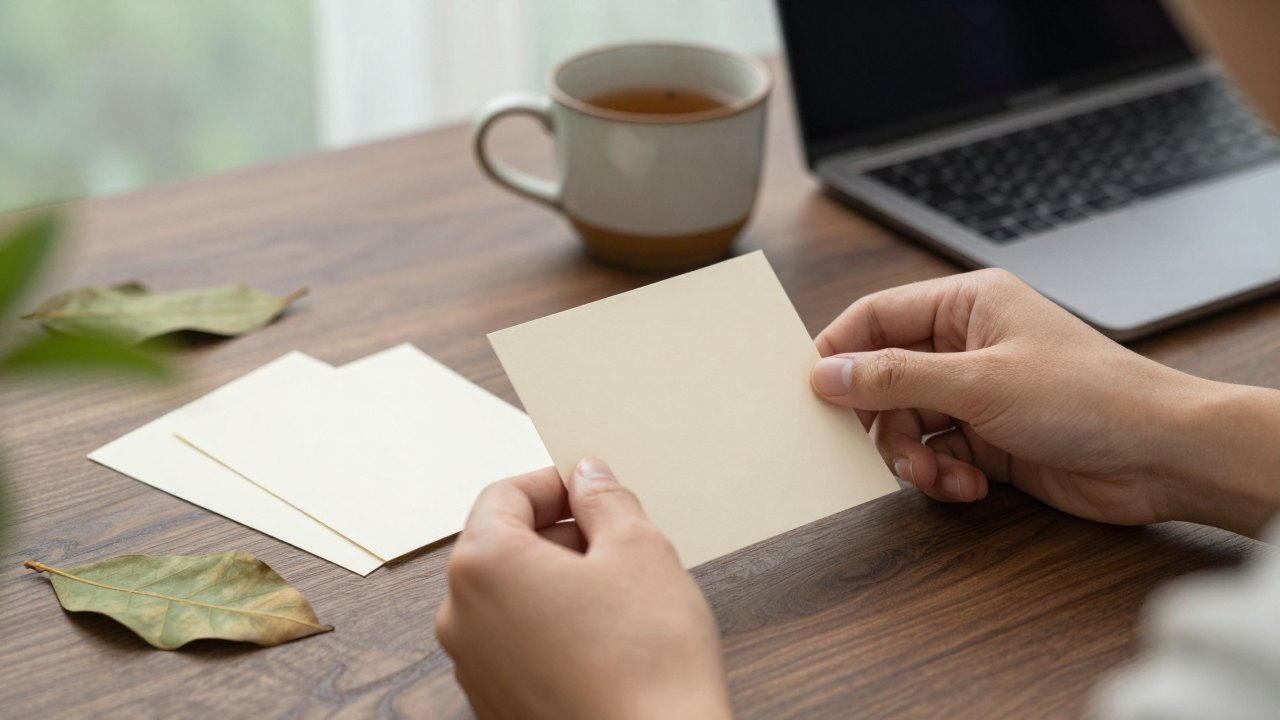 Hands arranging blank paper cards and dried leaves on a walnut desk beside a mug of tea