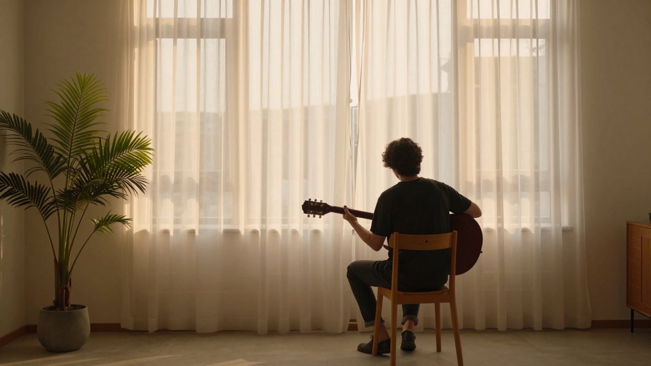Person seen from behind playing guitar by a sunlit window