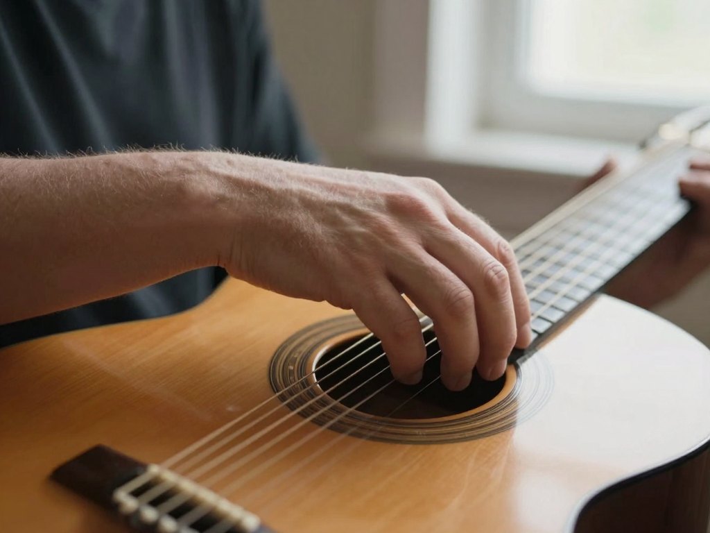 Close view of a right hand with curved fingers resting on nylon guitar strings