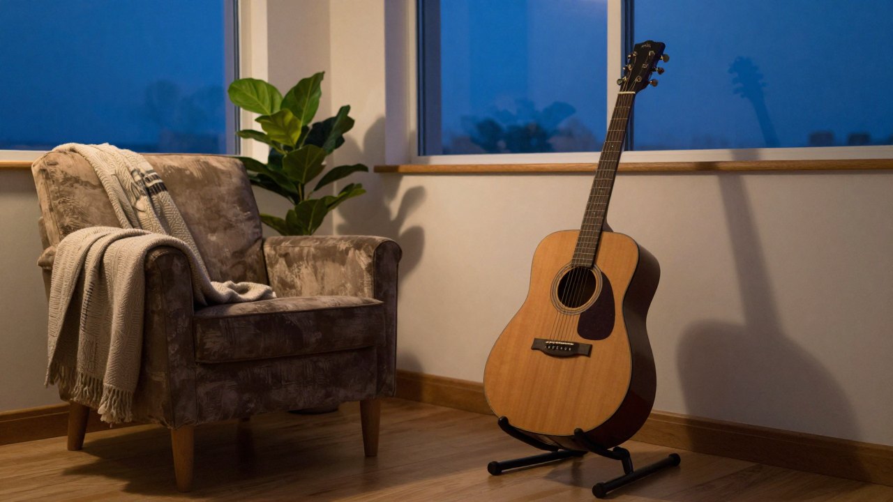 Acoustic guitar on a stand next to an armchair in a dim evening room