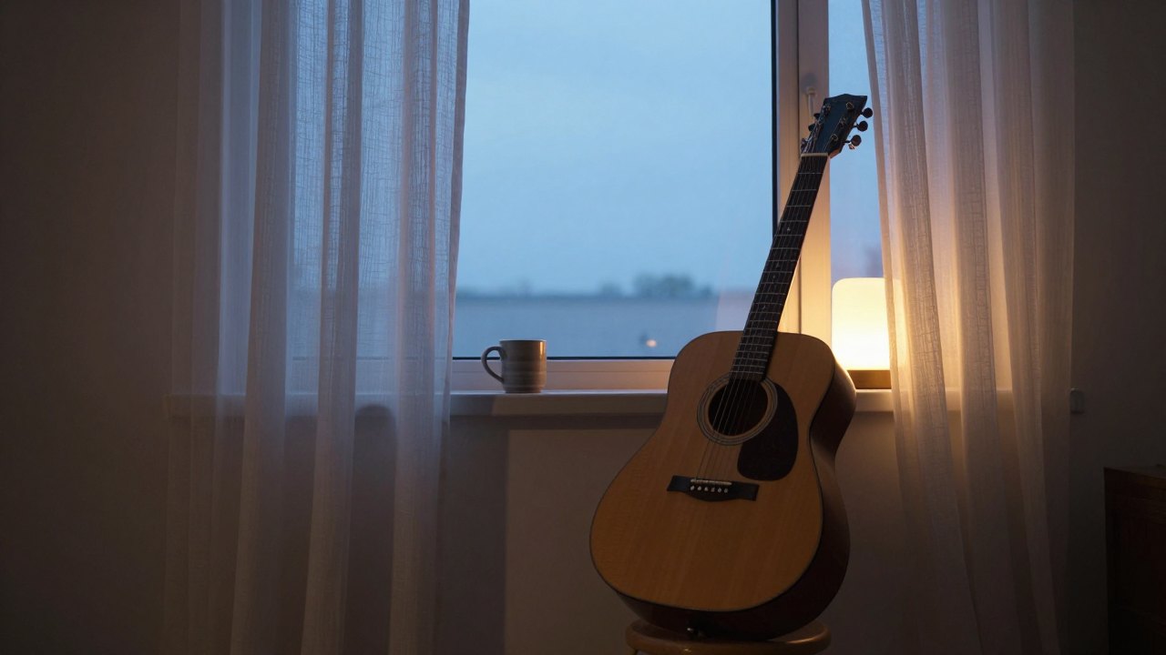 Acoustic guitar on a wooden stool beside an open window at dusk
