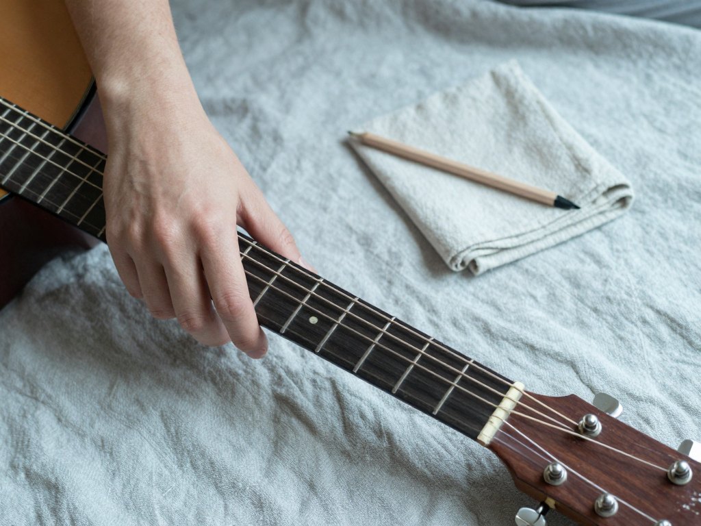 Left hand holding a chord on a guitar neck, seen from above, with a pencil nearby