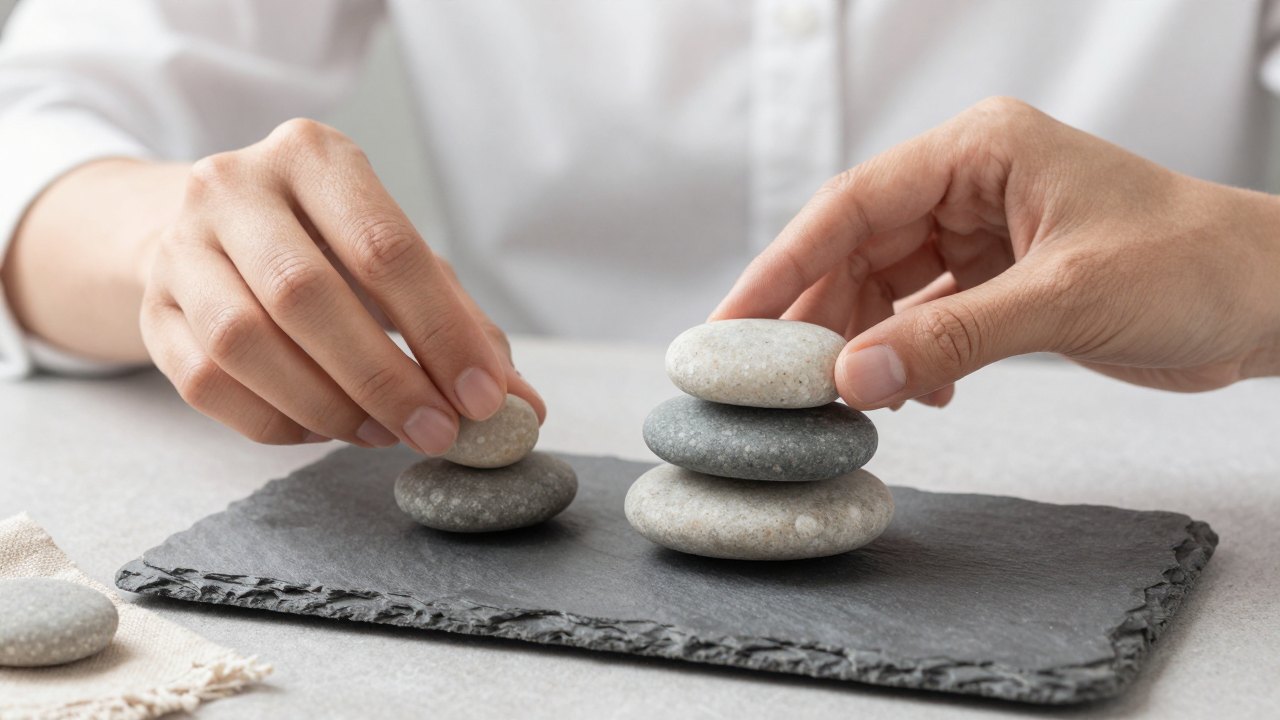 Hands carefully stacking smooth stones of different sizes on a dark slate surface