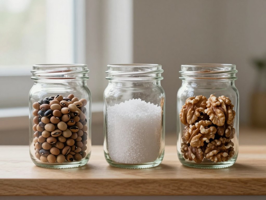 Three plain glass jars filled to different levels with beans, salt and walnuts on a shelf