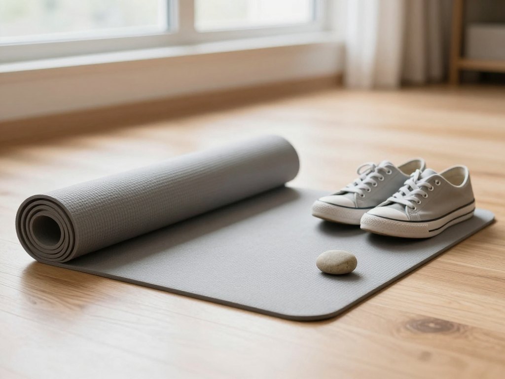 Rolled grey exercise mat, canvas sneakers and a smooth stone on a wooden floor