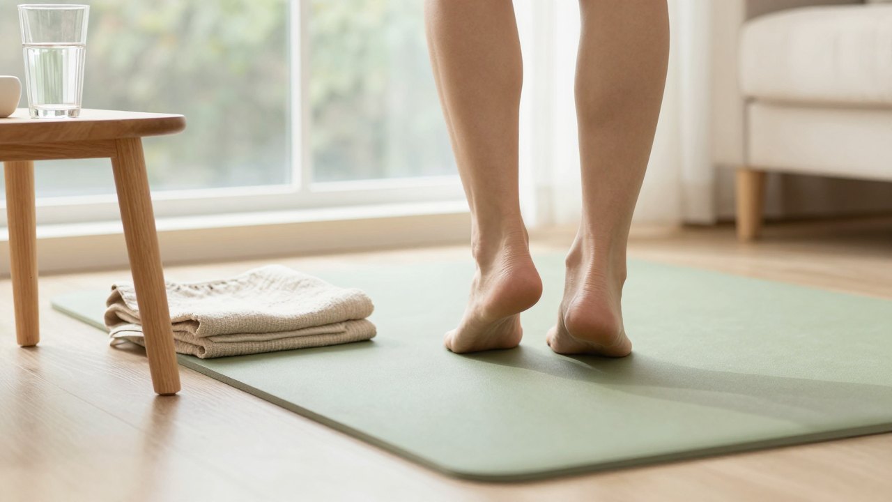 Bare feet stepping onto a green mat in a sunlit living room beside a stool with water